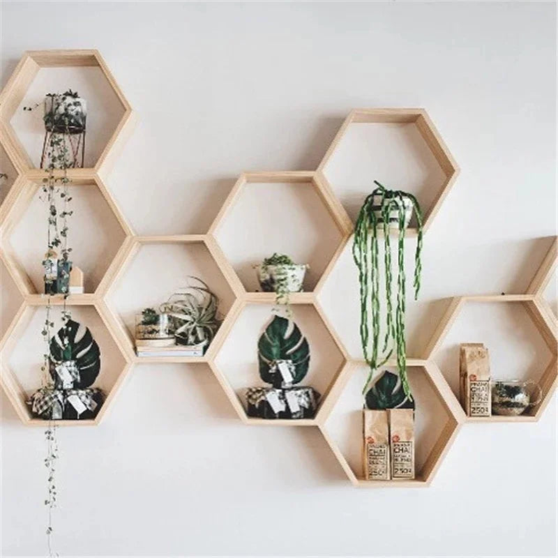 Nordic Wood Hexagon Wall DecorationKids Bedroom Candy Organization Hanger Photography Props Shelves Storage Decor Polygon Box