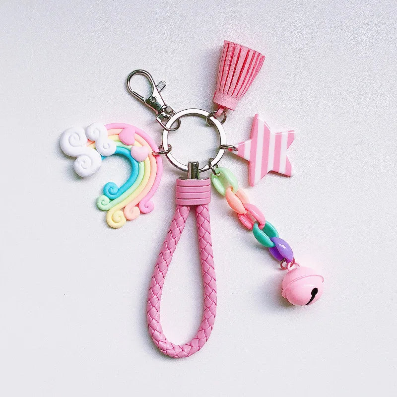 New Lovely Cute Rainbow Key Chain Leather Strap Braided Rope Tassel Keychain for Women Girl Bell Star Lollipop Bag Accessories