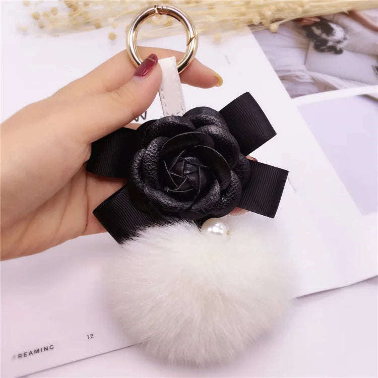 Creative Bow Camellia Key Chain Bag Pendant Ladies Fox Fur Ball Key Ring Fashion Charm Pendant Luxury Keychain 2021