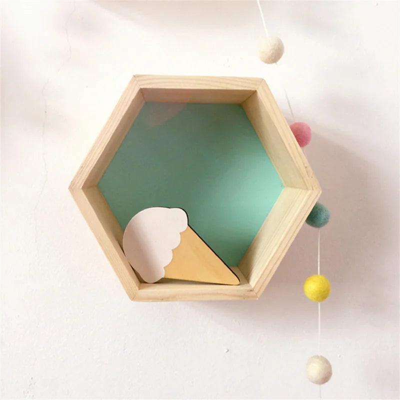 Nordic Wood Hexagon Wall DecorationKids Bedroom Candy Organization Hanger Photography Props Shelves Storage Decor Polygon Box