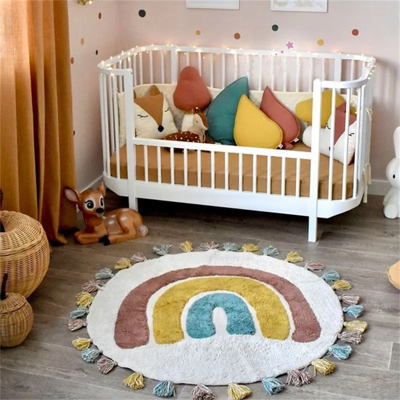 Rainbow Tassel Rugs Kids Room Floor Carpet Thick Girl Boy Room Rugs Anti-Slip Mat Bedroom Bedside Children Game Crawling Mat