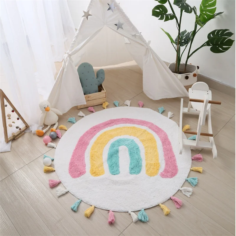 Rainbow Tassel Rugs Kids Room Floor Carpet Thick Girl Boy Room Rugs Anti-Slip Mat Bedroom Bedside Children Game Crawling Mat