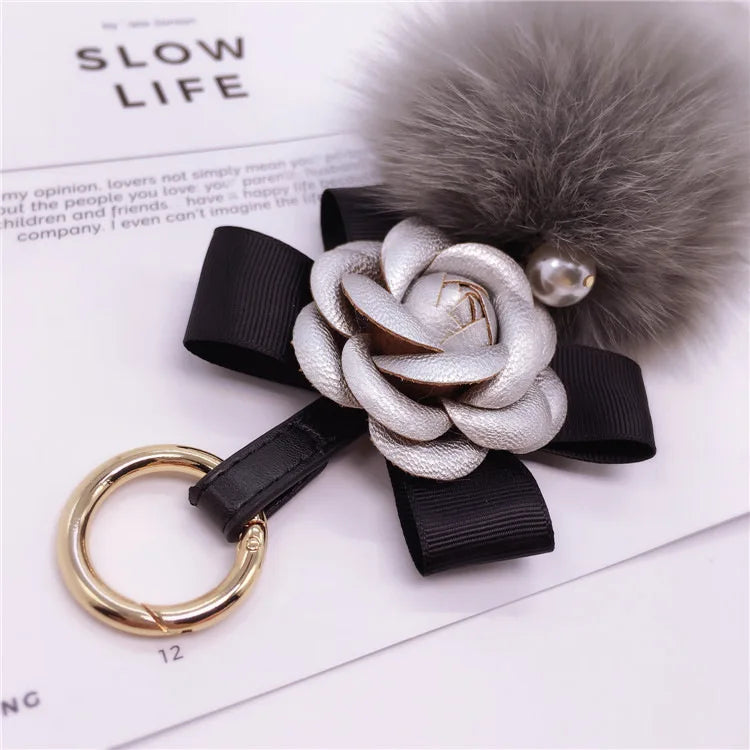 Creative Bow Camellia Key Chain Bag Pendant Ladies Fox Fur Ball Key Ring Fashion Charm Pendant Luxury Keychain 2021