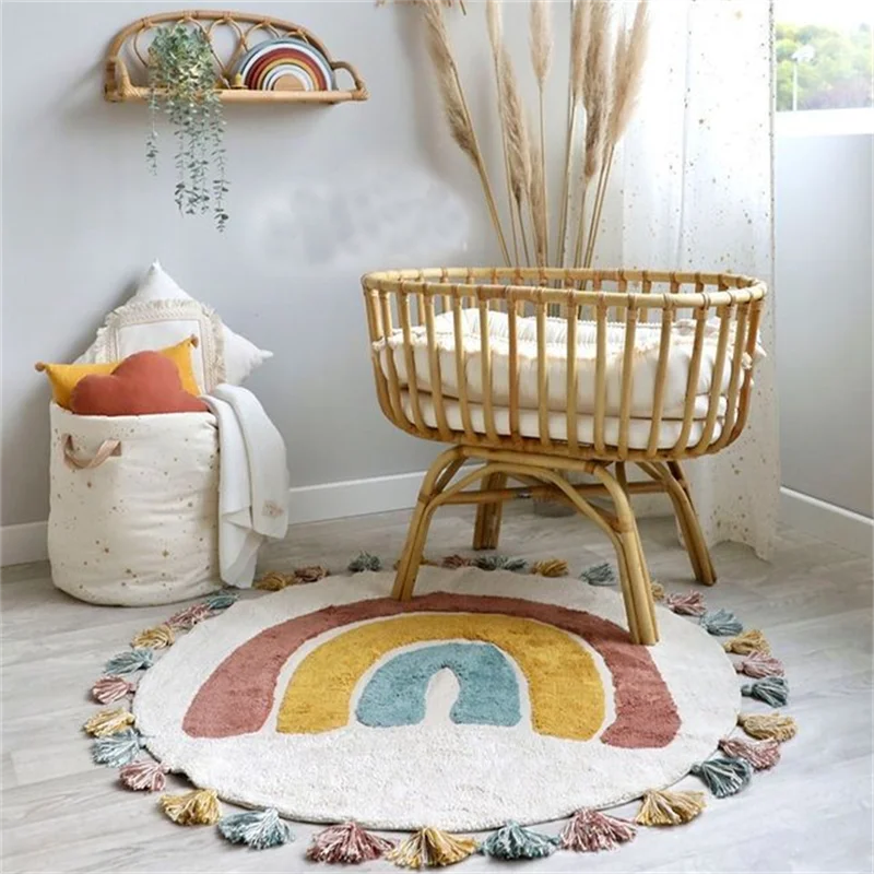 Rainbow Tassel Rugs Kids Room Floor Carpet Thick Girl Boy Room Rugs Anti-Slip Mat Bedroom Bedside Children Game Crawling Mat