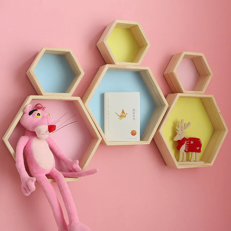 Nordic Wood Hexagon Wall DecorationKids Bedroom Candy Organization Hanger Photography Props Shelves Storage Decor Polygon Box