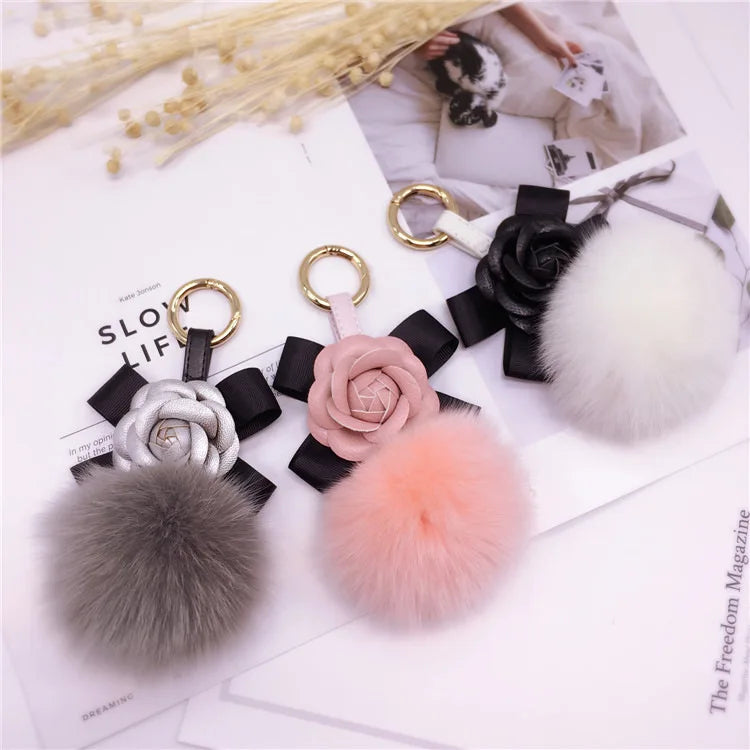 Creative Bow Camellia Key Chain Bag Pendant Ladies Fox Fur Ball Key Ring Fashion Charm Pendant Luxury Keychain 2021