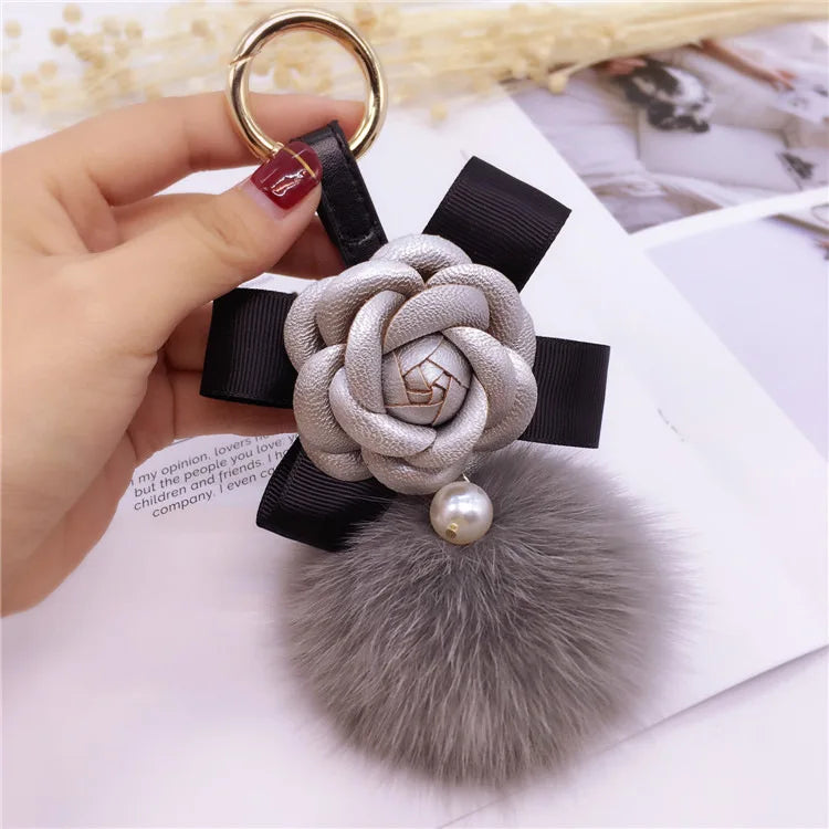 Creative Bow Camellia Key Chain Bag Pendant Ladies Fox Fur Ball Key Ring Fashion Charm Pendant Luxury Keychain 2021