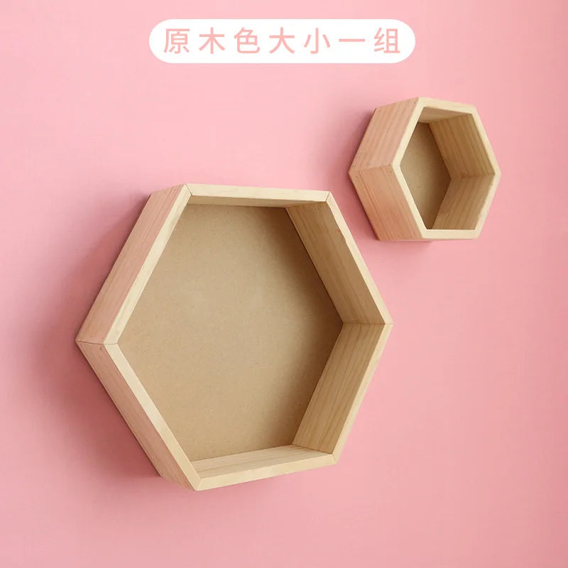 Nordic Wood Hexagon Wall DecorationKids Bedroom Candy Organization Hanger Photography Props Shelves Storage Decor Polygon Box