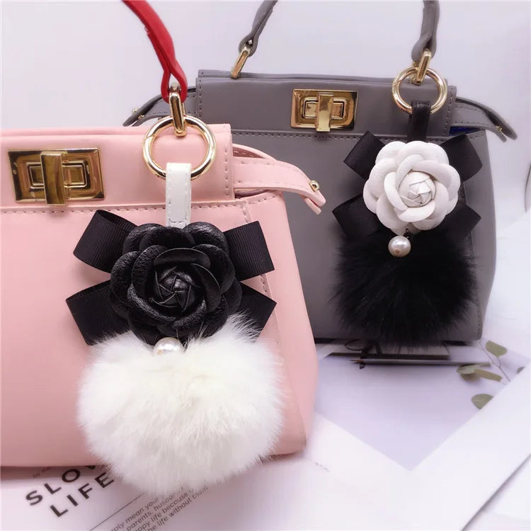 Creative Bow Camellia Key Chain Bag Pendant Ladies Fox Fur Ball Key Ring Fashion Charm Pendant Luxury Keychain 2021