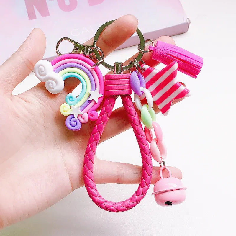 New Lovely Cute Rainbow Key Chain Leather Strap Braided Rope Tassel Keychain for Women Girl Bell Star Lollipop Bag Accessories