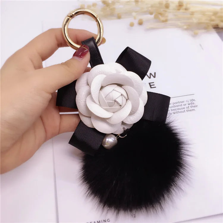 Creative Bow Camellia Key Chain Bag Pendant Ladies Fox Fur Ball Key Ring Fashion Charm Pendant Luxury Keychain 2021