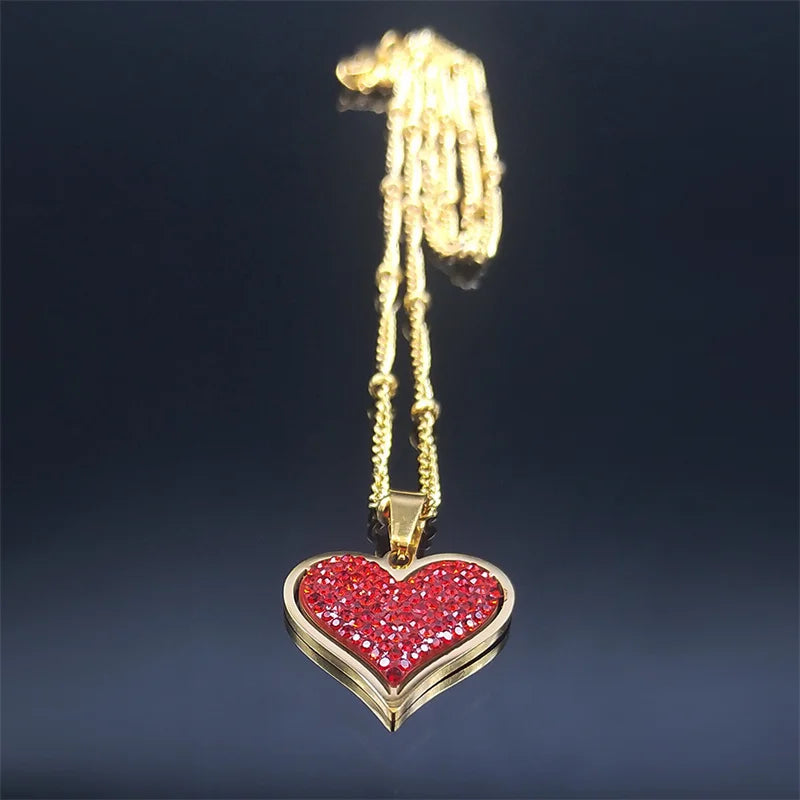 Fashion Love Red Heart Stainless Steel Crystal Charm Necklace Gold Color Small Necklaces Jewelry collier coeur rouge N8047S01