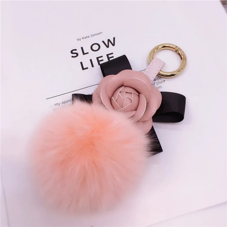 Creative Bow Camellia Key Chain Bag Pendant Ladies Fox Fur Ball Key Ring Fashion Charm Pendant Luxury Keychain 2021