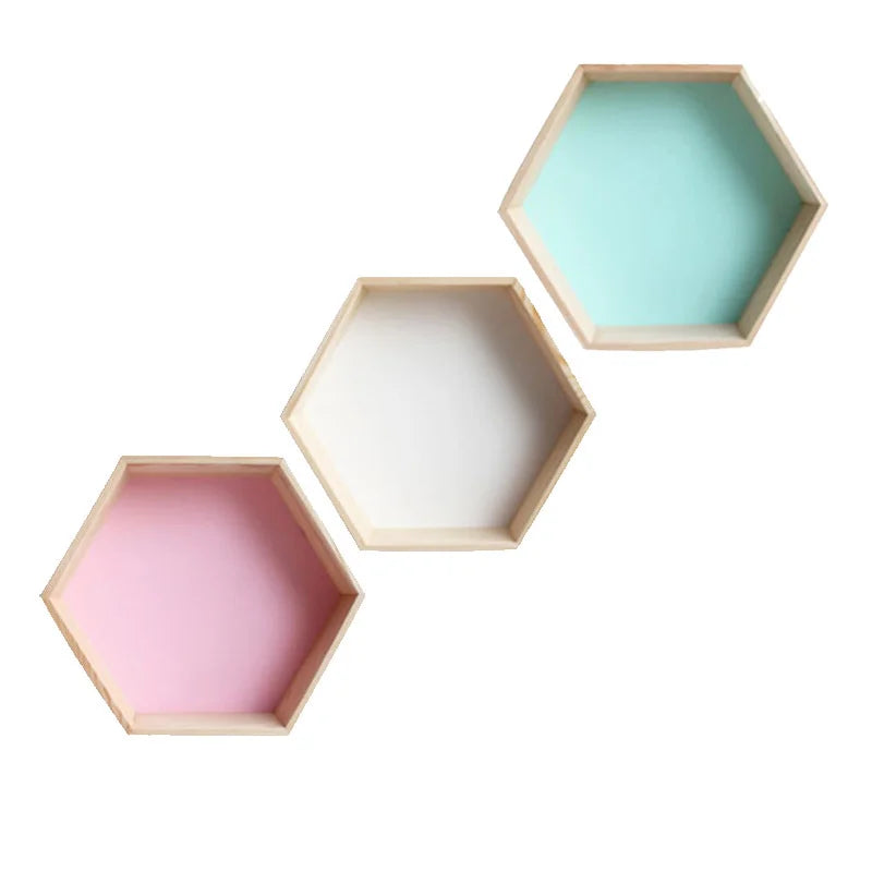 Nordic Wood Hexagon Wall DecorationKids Bedroom Candy Organization Hanger Photography Props Shelves Storage Decor Polygon Box