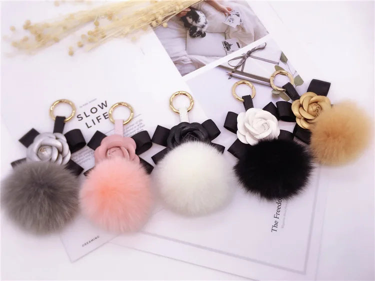 Creative Bow Camellia Key Chain Bag Pendant Ladies Fox Fur Ball Key Ring Fashion Charm Pendant Luxury Keychain 2021