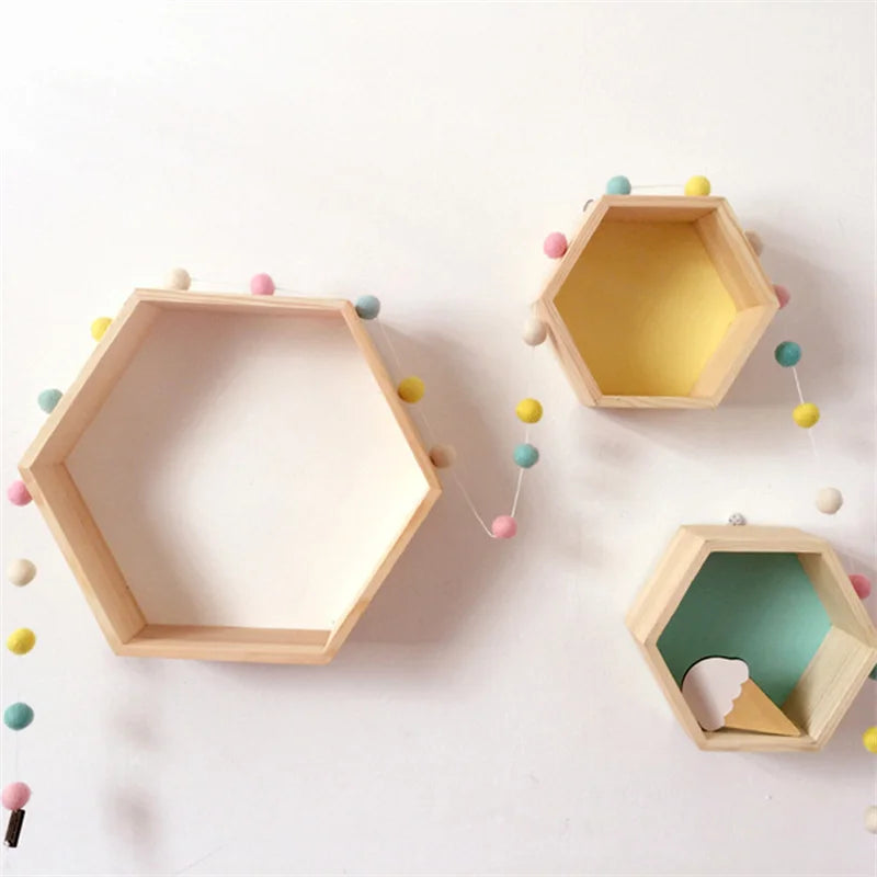 Nordic Wood Hexagon Wall DecorationKids Bedroom Candy Organization Hanger Photography Props Shelves Storage Decor Polygon Box