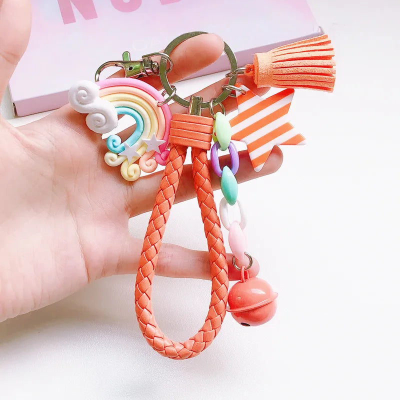 New Lovely Cute Rainbow Key Chain Leather Strap Braided Rope Tassel Keychain for Women Girl Bell Star Lollipop Bag Accessories