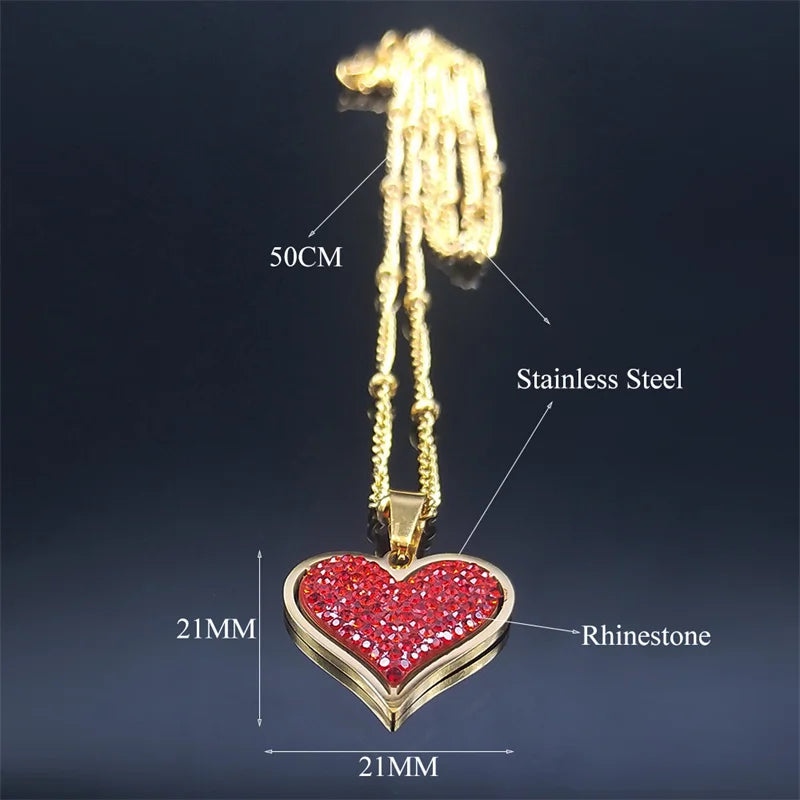 Fashion Love Red Heart Stainless Steel Crystal Charm Necklace Gold Color Small Necklaces Jewelry collier coeur rouge N8047S01