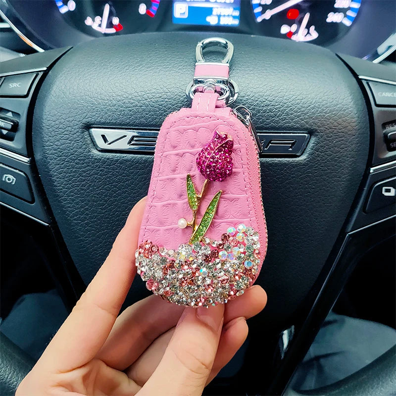 1 Pcs Flower Car Key Holder Storage Case Crystal Diamond Keychains Key Cover Remote Key Bag for BMW Lada Interior Accessories