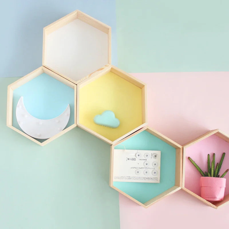 Nordic Wood Hexagon Wall DecorationKids Bedroom Candy Organization Hanger Photography Props Shelves Storage Decor Polygon Box