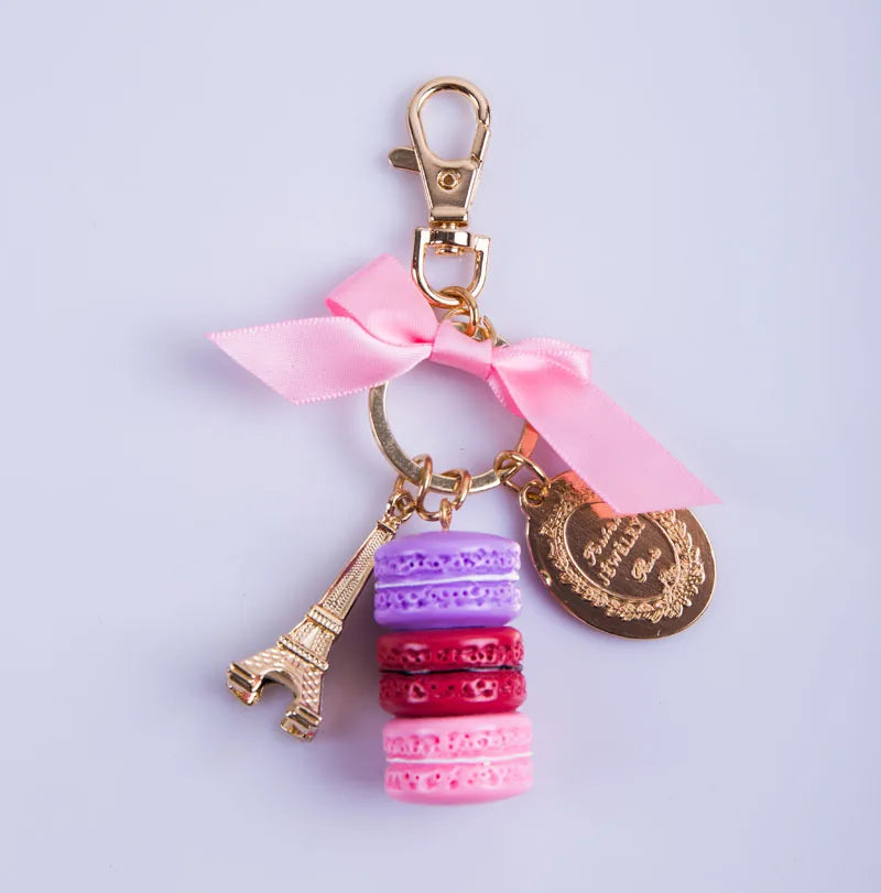 Macaron Eiffel Tower pendant key chains for women girls gold color alloy bowknot bag charm car keychain key ring with gift box