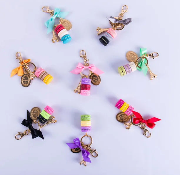 Macaron Eiffel Tower pendant key chains for women girls gold color alloy bowknot bag charm car keychain key ring with gift box