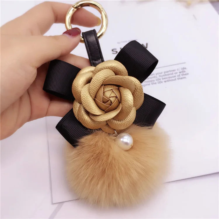 Creative Bow Camellia Key Chain Bag Pendant Ladies Fox Fur Ball Key Ring Fashion Charm Pendant Luxury Keychain 2021