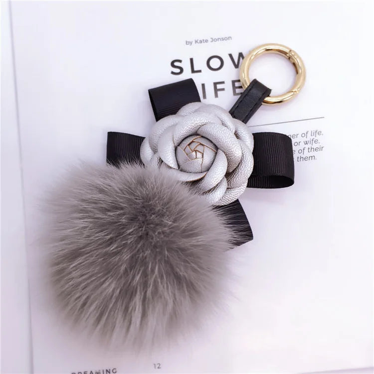 Creative Bow Camellia Key Chain Bag Pendant Ladies Fox Fur Ball Key Ring Fashion Charm Pendant Luxury Keychain 2021