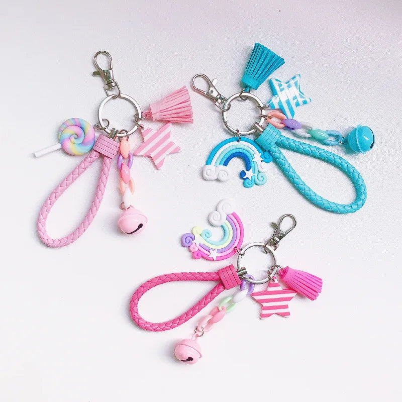 New Lovely Cute Rainbow Key Chain Leather Strap Braided Rope Tassel Keychain for Women Girl Bell Star Lollipop Bag Accessories