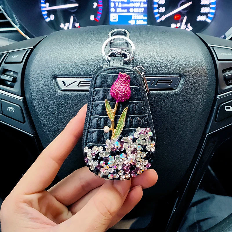 1 Pcs Flower Car Key Holder Storage Case Crystal Diamond Keychains Key Cover Remote Key Bag for BMW Lada Interior Accessories