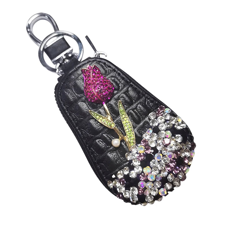 1 Pcs Flower Car Key Holder Storage Case Crystal Diamond Keychains Key Cover Remote Key Bag for BMW Lada Interior Accessories