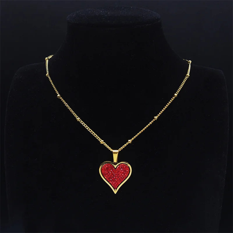 Fashion Love Red Heart Stainless Steel Crystal Charm Necklace Gold Color Small Necklaces Jewelry collier coeur rouge N8047S01