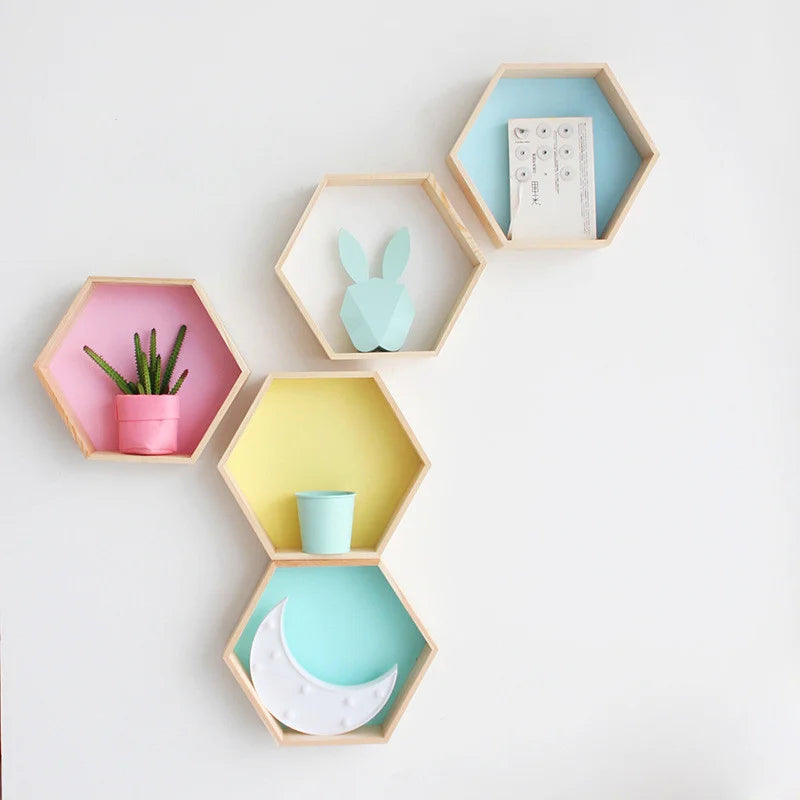 Nordic Wood Hexagon Wall DecorationKids Bedroom Candy Organization Hanger Photography Props Shelves Storage Decor Polygon Box