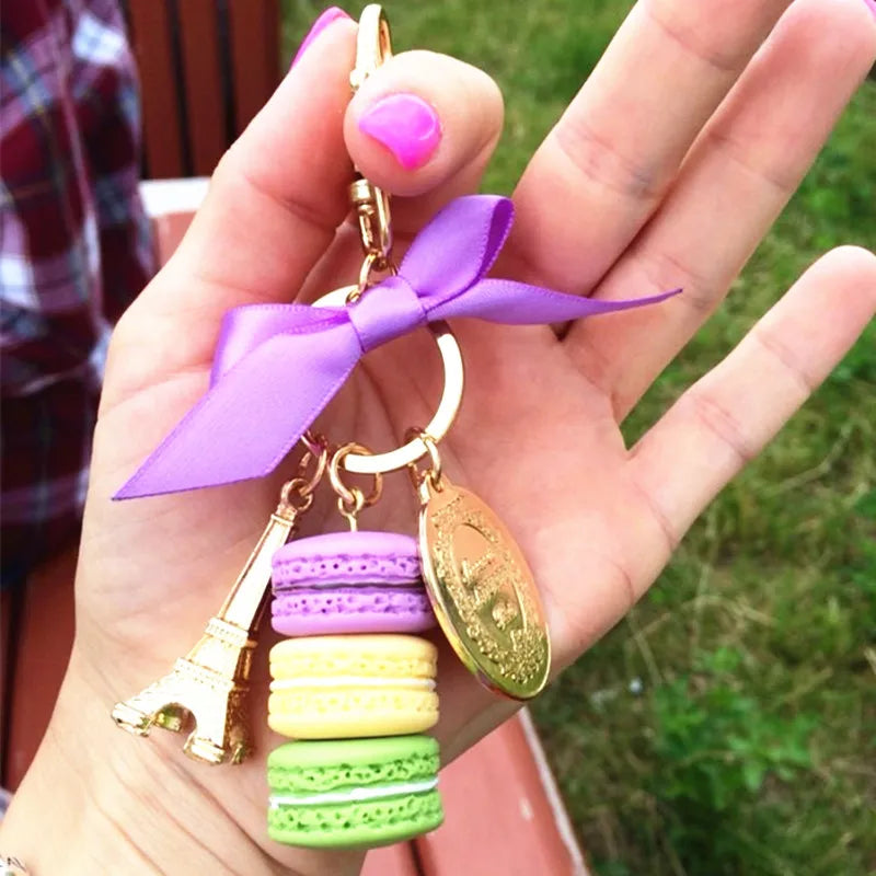 Macaron Eiffel Tower pendant key chains for women girls gold color alloy bowknot bag charm car keychain key ring with gift box