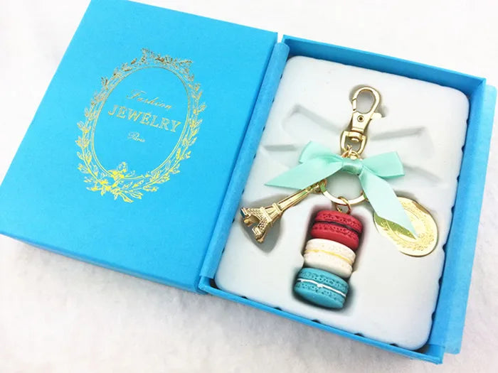 Macaron Eiffel Tower pendant key chains for women girls gold color alloy bowknot bag charm car keychain key ring with gift box