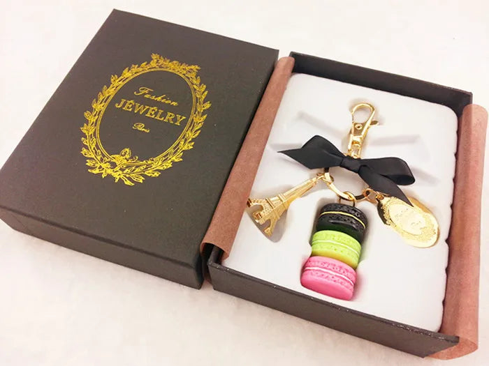 Macaron Eiffel Tower pendant key chains for women girls gold color alloy bowknot bag charm car keychain key ring with gift box