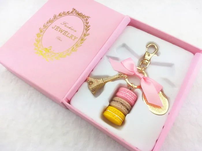 Macaron Eiffel Tower pendant key chains for women girls gold color alloy bowknot bag charm car keychain key ring with gift box