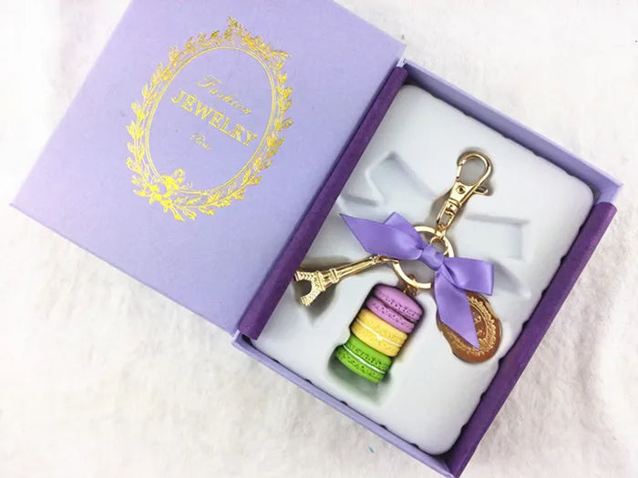 Macaron Eiffel Tower pendant key chains for women girls gold color alloy bowknot bag charm car keychain key ring with gift box