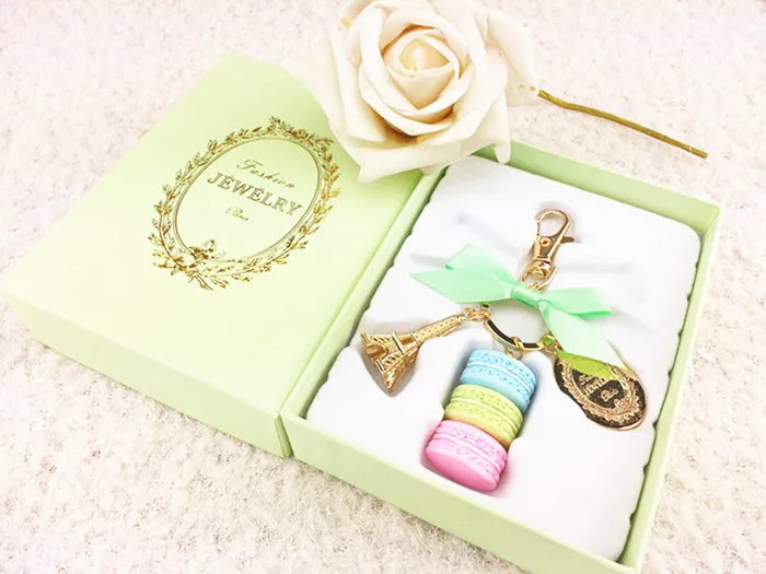 Macaron Eiffel Tower pendant key chains for women girls gold color alloy bowknot bag charm car keychain key ring with gift box