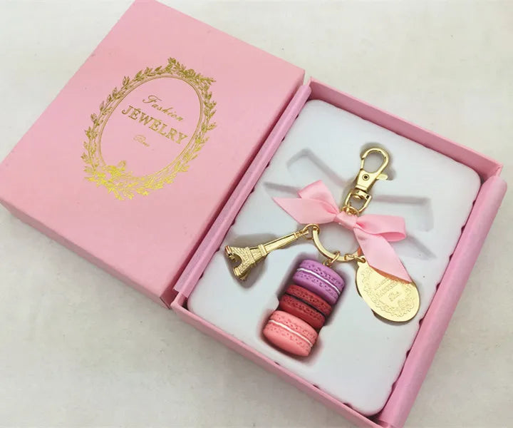 Macaron Eiffel Tower pendant key chains for women girls gold color alloy bowknot bag charm car keychain key ring with gift box