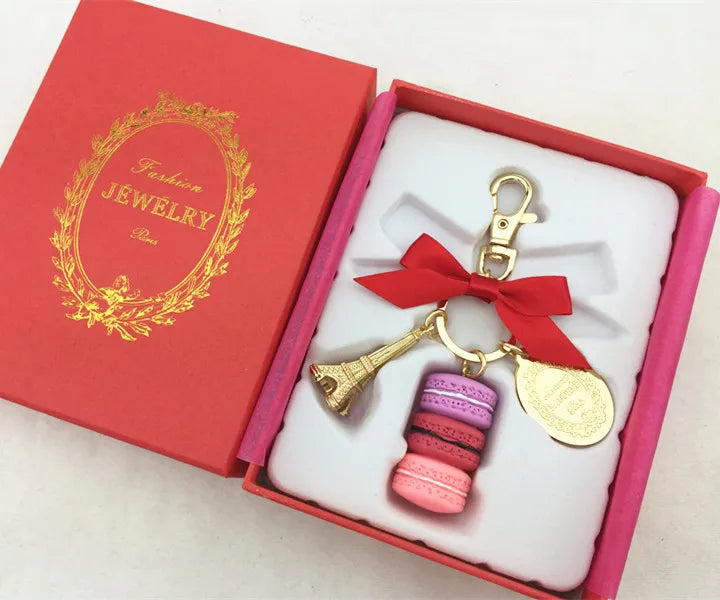 Macaron Eiffel Tower pendant key chains for women girls gold color alloy bowknot bag charm car keychain key ring with gift box