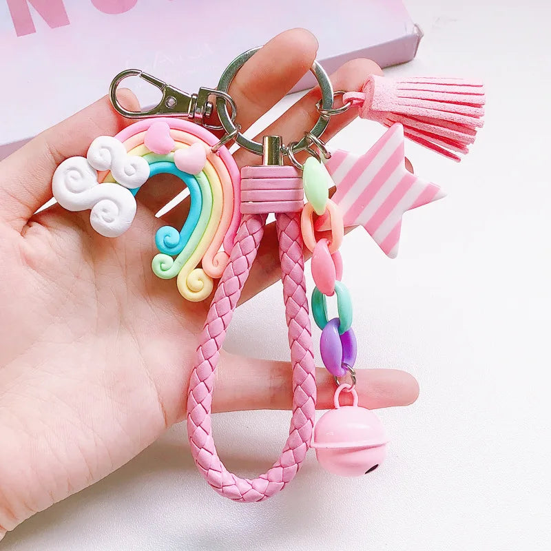 New Lovely Cute Rainbow Key Chain Leather Strap Braided Rope Tassel Keychain for Women Girl Bell Star Lollipop Bag Accessories