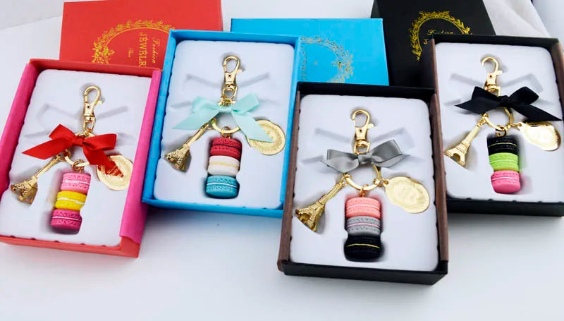 Macaron Eiffel Tower pendant key chains for women girls gold color alloy bowknot bag charm car keychain key ring with gift box