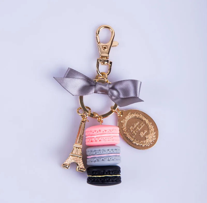 Macaron Eiffel Tower pendant key chains for women girls gold color alloy bowknot bag charm car keychain key ring with gift box