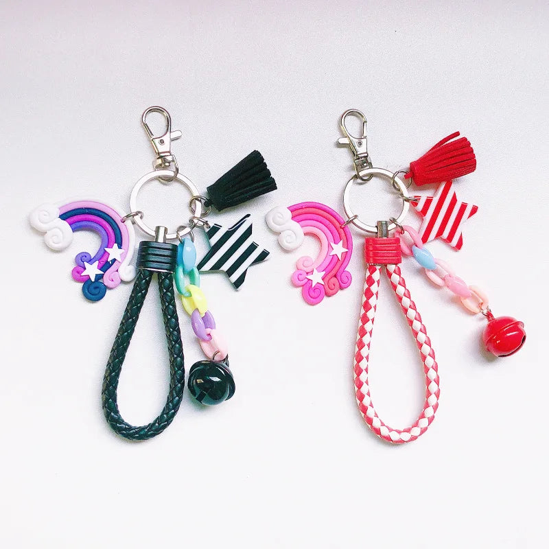 New Lovely Cute Rainbow Key Chain Leather Strap Braided Rope Tassel Keychain for Women Girl Bell Star Lollipop Bag Accessories