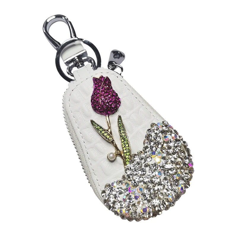 1 Pcs Flower Car Key Holder Storage Case Crystal Diamond Keychains Key Cover Remote Key Bag for BMW Lada Interior Accessories