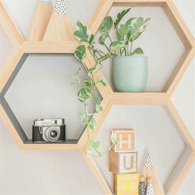 Nordic Wood Hexagon Wall DecorationKids Bedroom Candy Organization Hanger Photography Props Shelves Storage Decor Polygon Box