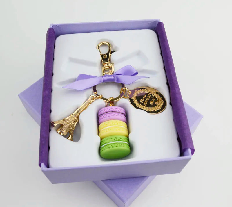 Macaron Eiffel Tower pendant key chains for women girls gold color alloy bowknot bag charm car keychain key ring with gift box