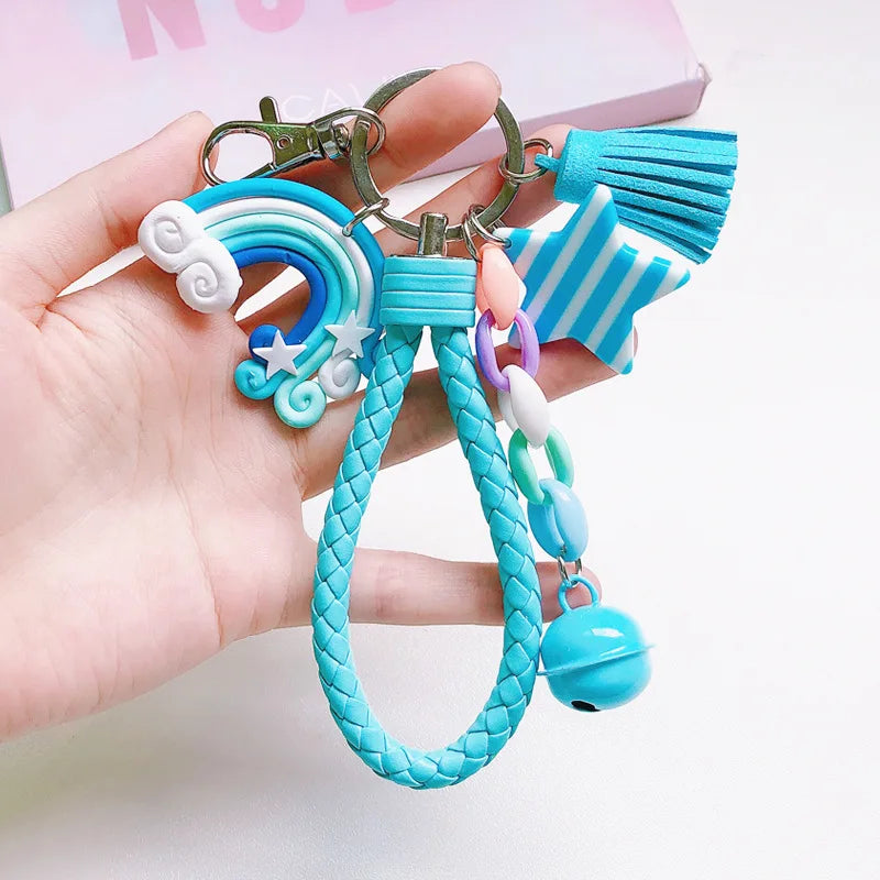 New Lovely Cute Rainbow Key Chain Leather Strap Braided Rope Tassel Keychain for Women Girl Bell Star Lollipop Bag Accessories