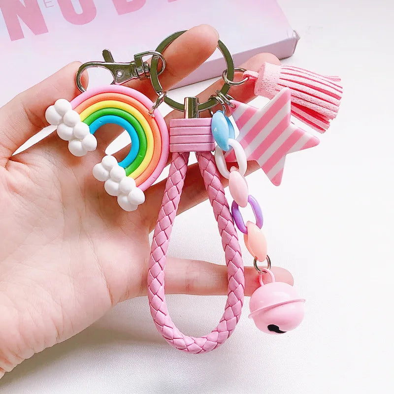 New Lovely Cute Rainbow Key Chain Leather Strap Braided Rope Tassel Keychain for Women Girl Bell Star Lollipop Bag Accessories